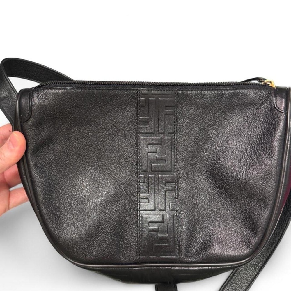 Fendi Zucchino Black Leather Crossbody Bag FF Embossed Authenticate Vtg Italy